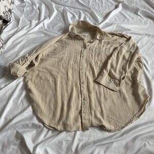 American Eagle Men's‎ Crinkle Cotton Button-Up Shirt Beige Long Sleeve Size S